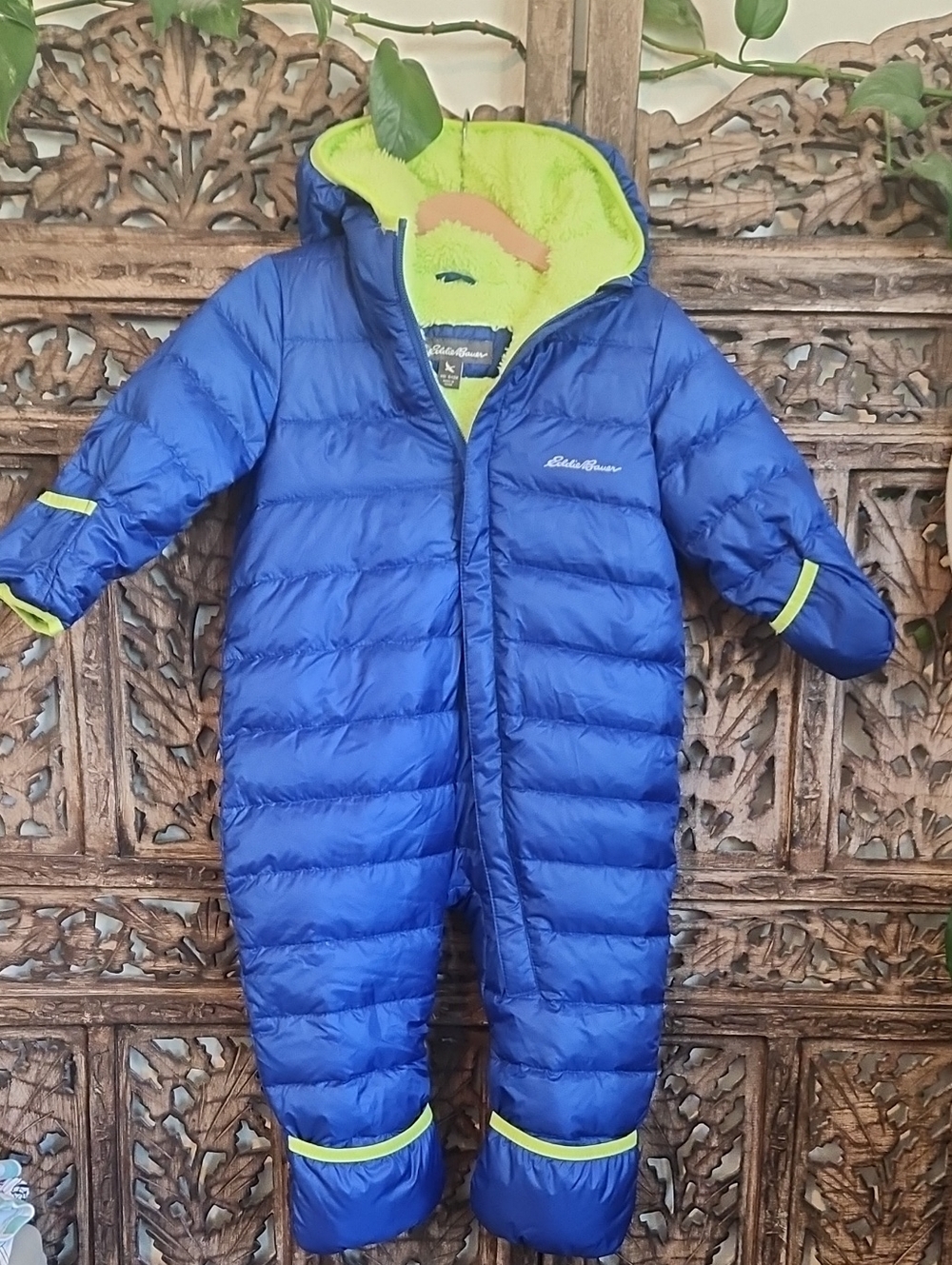 Eddie Bauer Royal Blue Down Filled Snowsuit with Lime Trim One-Piece. 6-12m